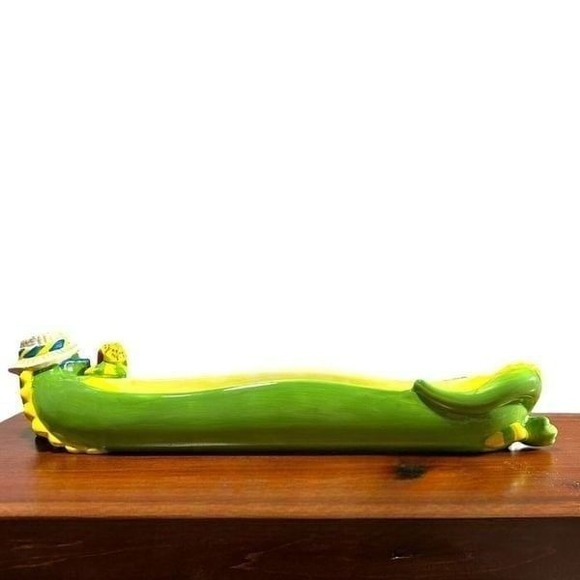 Rare 17" Boston Warehouse Trading Ceramic Green Dragon Appetizer Boat Bowl 2003 - Picture 9 of 11